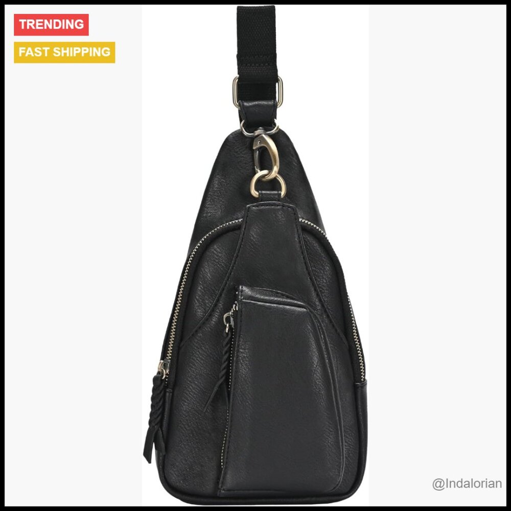 Vegan Leather Crossbody Sling Bag Adjustable Strap Antique Brass Hardware